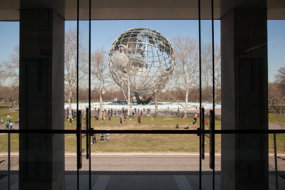 The iconic Unisphere from the 1964–1965 New York World's Fair in Flushing Meadows Corona Park, as seen from the Queens Museum. Photo by William Michael Fredericks. Courtesy of the Design Trust for Public Space