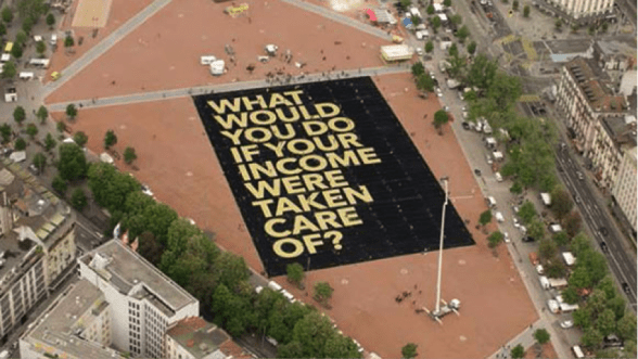 The world’s largest poster, crowd-funded by the Swiss basic income campaign.